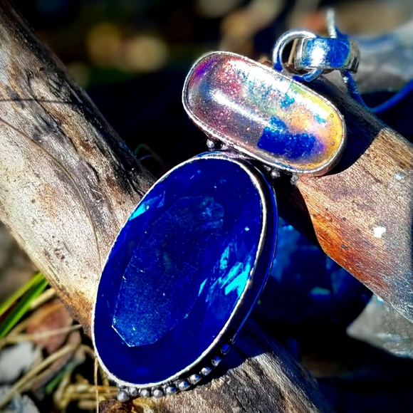 Handmade Jewelry - 925 Blue Topaz and Dichroic Glass Pendant with chain.
